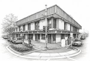 An ink on paper style sketch of a two-story building.