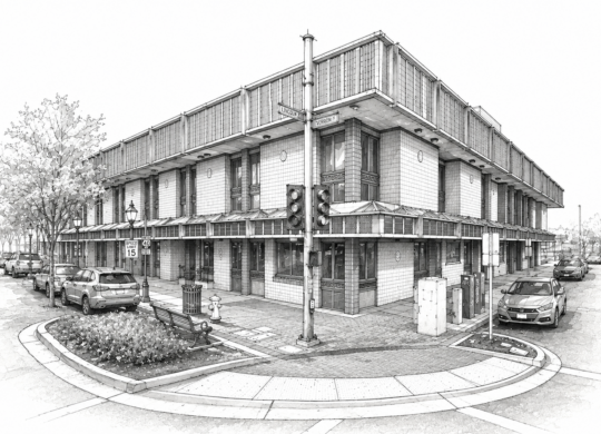 An ink on paper style sketch of a two-story building.
